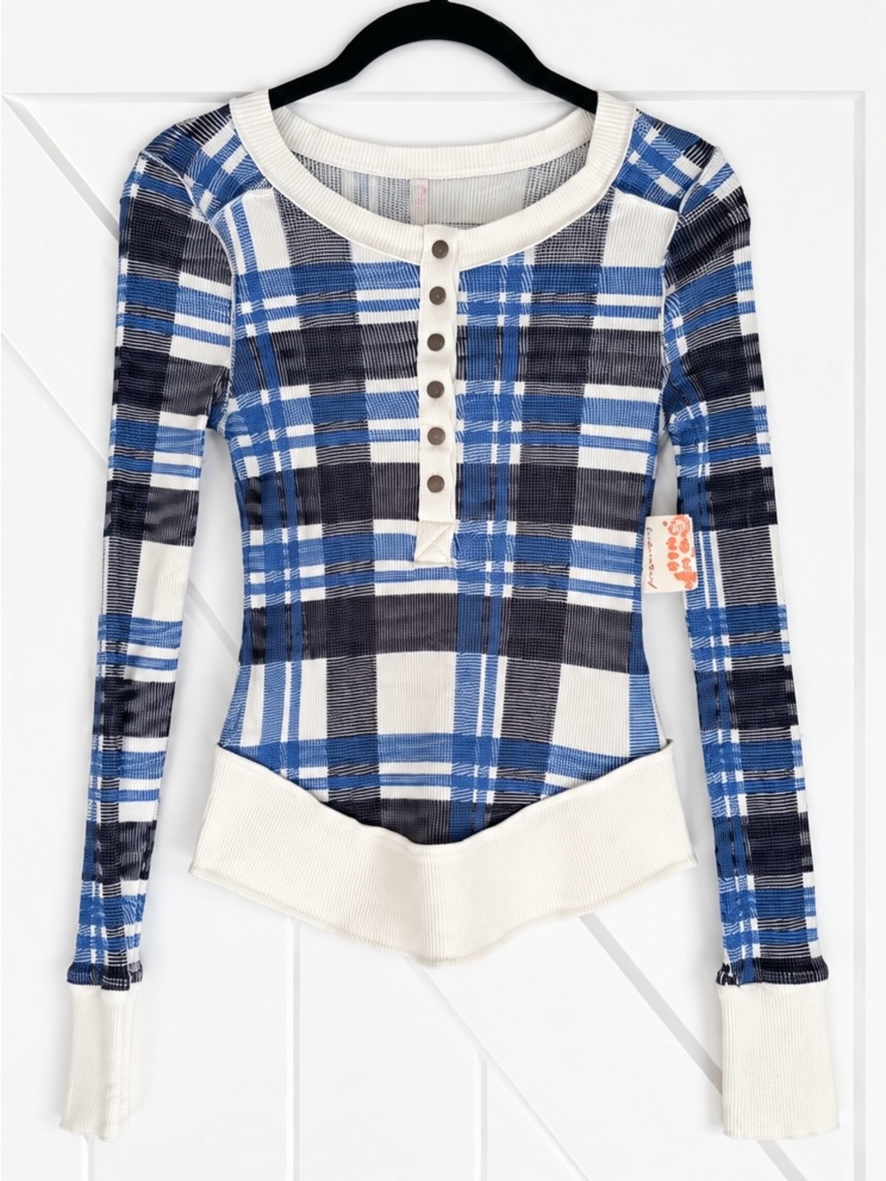 FP Movement Free People Rally Printed Layer Plaid Henley Top Small Blue